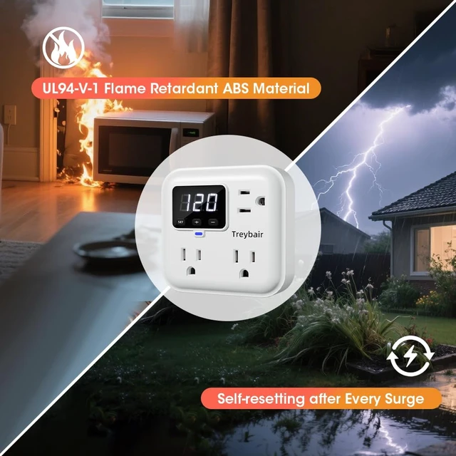 Alt view image 4 of 7 - Appliance Surge Protector Voltage Stabilizer Fireproof UL94V-1 Wall Mount Surge Protectors Outlet for Refrigerator, TV & Heavy, Real-Time Monitoring & Custom Voltage 80V-140V (2 Pro)