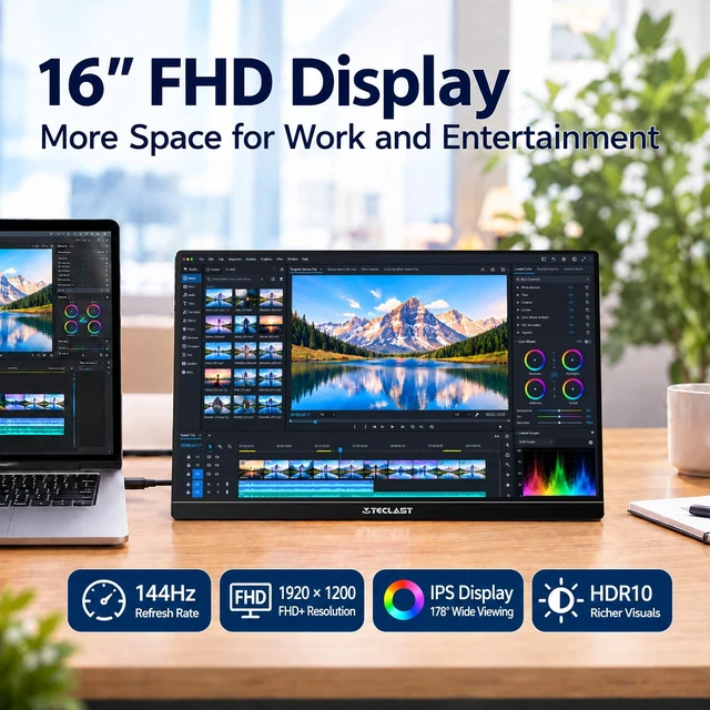 Alt view image 3 of 7 - 16'' 144Hz Portable Gaming Monitor, 1080P Travel Monitor for Laptop Free-Sync HDR Monitor with Kickstand, USB-C HDMI IPS Second Screen for Laptop MacBook Phone PS5 Xbox Switch, VESA Mountable