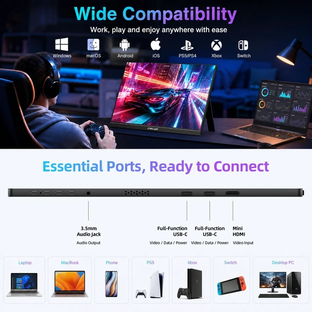 Alt view image 5 of 7 - 16'' 144Hz Portable Gaming Monitor, 1080P Travel Monitor for Laptop Free-Sync HDR Monitor with Kickstand, USB-C HDMI IPS Second Screen for Laptop MacBook Phone PS5 Xbox Switch, VESA Mountable
