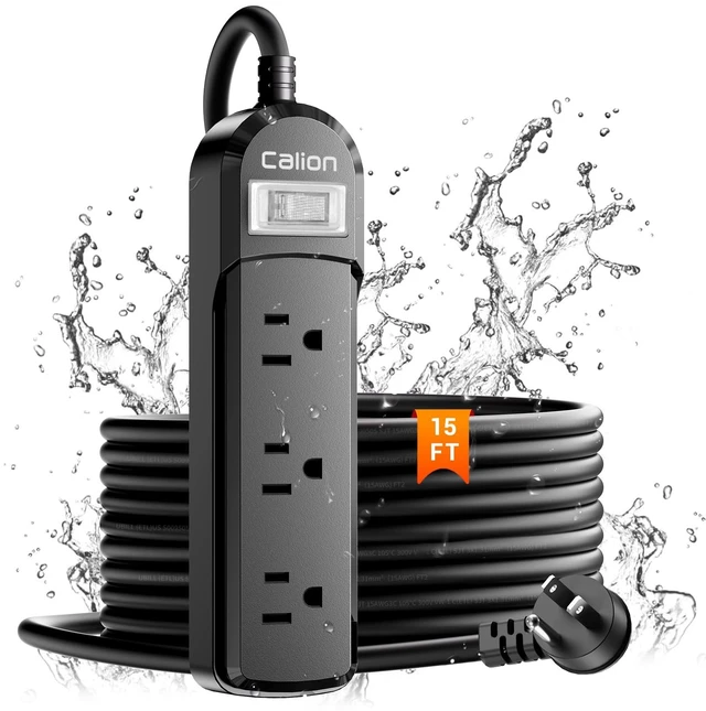 Main image of Outdoor Power Strip IPX6 Weatherproof 3 Outlets 15FT Extension Cord 3 Wide-Spaced Outlets for Outdoors 15FT, On/Off Switch, ETL Listed, Wall Mountable, Flame Retardant for Patio Garden