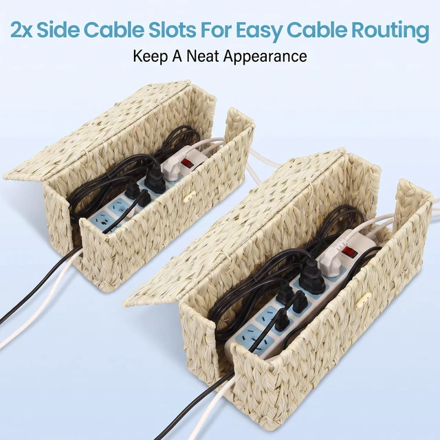 Alt view image 4 of 7 - 2 Pack Plastic Floor Cord Covers with Lid, Hand-Woven Cable Management Box, 2 Open Slots Cord Box to to Hide USB Wire, Power Strip & Charger for Home & Office and Dorm, Milky White