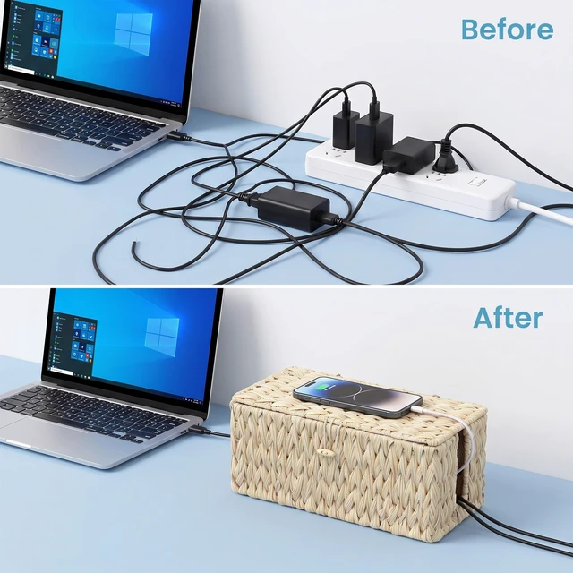 Alt view image 6 of 7 - 2 Pack Plastic Floor Cord Covers with Lid, Hand-Woven Cable Management Box, 2 Open Slots Cord Box to to Hide USB Wire, Power Strip & Charger for Home & Office and Dorm, Milky White