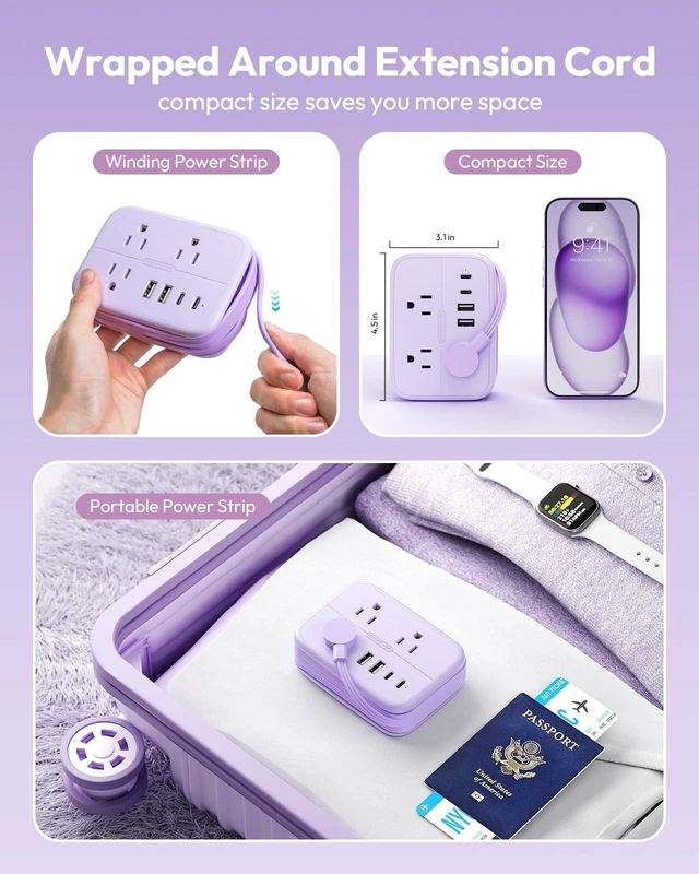 Alt view image 2 of 7 - Purple Travel Power Strip, 6 Outlets 4 USB Ports(2 USB C), 4ft Purple Extension Cord Wrapped Around Small Power Strip, Compact for Travel, Hotel, Cruise Approved