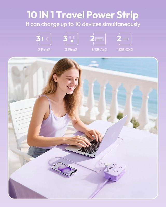 Alt view image 3 of 7 - Purple Travel Power Strip, 6 Outlets 4 USB Ports(2 USB C), 4ft Purple Extension Cord Wrapped Around Small Power Strip, Compact for Travel, Hotel, Cruise Approved