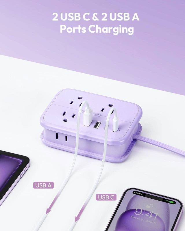Alt view image 6 of 7 - Purple Travel Power Strip, 6 Outlets 4 USB Ports(2 USB C), 4ft Purple Extension Cord Wrapped Around Small Power Strip, Compact for Travel, Hotel, Cruise Approved