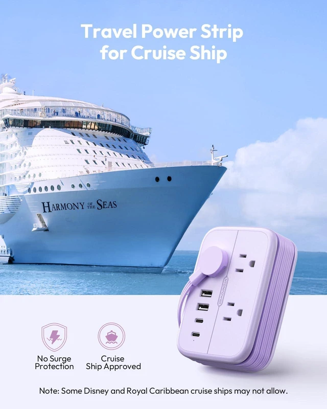 Alt view image 4 of 7 - Purple Travel Power Strip, 6 Outlets 4 USB Ports(2 USB C), 4ft Purple Extension Cord Wrapped Around Small Power Strip, Compact for Travel, Hotel, Cruise Approved