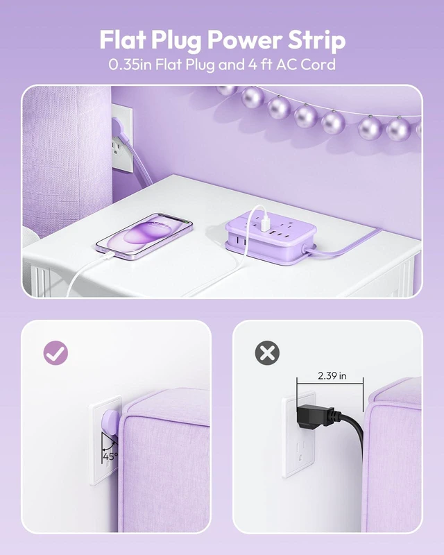 Alt view image 7 of 7 - Purple Travel Power Strip, 6 Outlets 4 USB Ports(2 USB C), 4ft Purple Extension Cord Wrapped Around Small Power Strip, Compact for Travel, Hotel, Cruise Approved