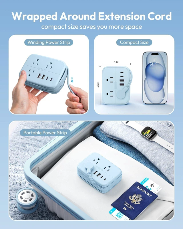 Alt view image 2 of 7 - Travel Power Strip, 6 Outlets 4 USB Ports(2 USB C), 4ft Extension Cord Wrapped Around Small Power Strip, Compact for Travel, Hotel, Cruise Approved, Blue