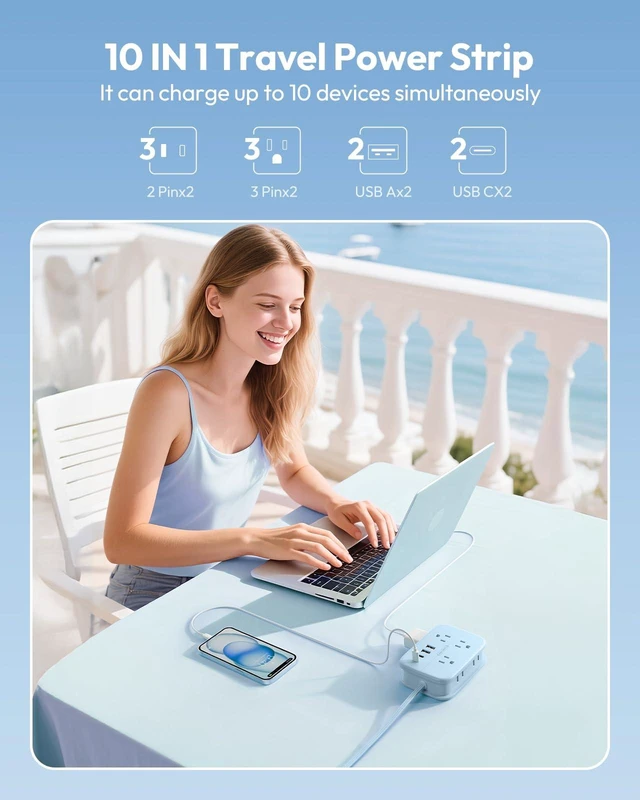 Alt view image 3 of 7 - Travel Power Strip, 6 Outlets 4 USB Ports(2 USB C), 4ft Extension Cord Wrapped Around Small Power Strip, Compact for Travel, Hotel, Cruise Approved, Blue