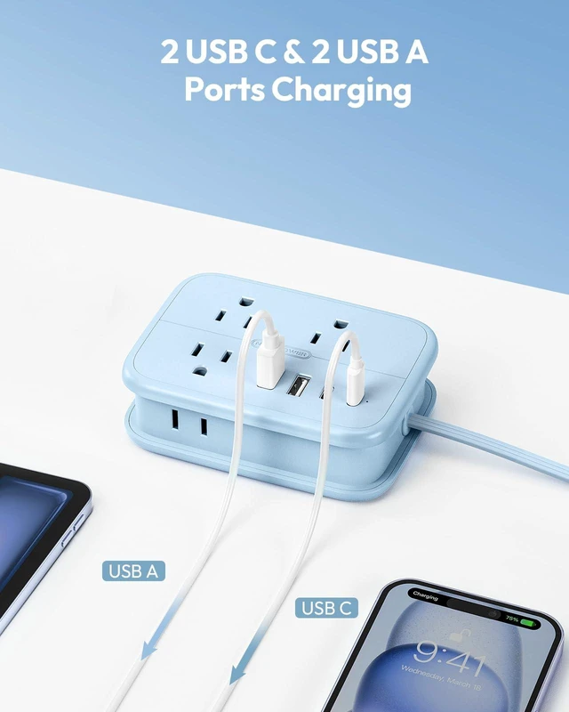 Alt view image 6 of 7 - Travel Power Strip, 6 Outlets 4 USB Ports(2 USB C), 4ft Extension Cord Wrapped Around Small Power Strip, Compact for Travel, Hotel, Cruise Approved, Blue