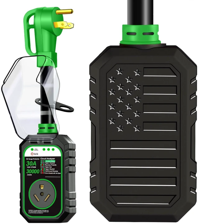 Main image of 30000J 30Amp RV Surge Protector 30 Amp Flag Design - Upgraded Power Surges Voltage Protection Circuit Analyzer IP68 Waterproof Cover for 30A RVS Camper Trailer Must Haves (30Amp, Green)