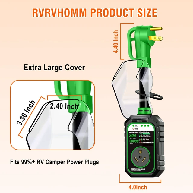 Alt view image 3 of 7 - 30000J 30Amp RV Surge Protector 30 Amp Flag Design - Upgraded Power Surges Voltage Protection Circuit Analyzer IP68 Waterproof Cover for 30A RVS Camper Trailer Must Haves (30Amp, Green)