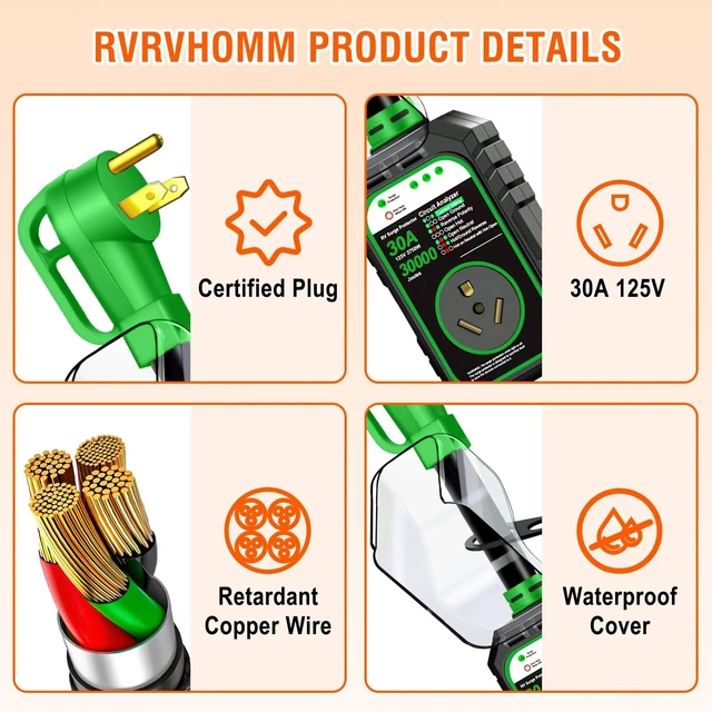 Alt view image 4 of 7 - 30000J 30Amp RV Surge Protector 30 Amp Flag Design - Upgraded Power Surges Voltage Protection Circuit Analyzer IP68 Waterproof Cover for 30A RVS Camper Trailer Must Haves (30Amp, Green)