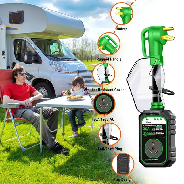 Alt view image 6 of 7 - 30000J 30Amp RV Surge Protector 30 Amp Flag Design - Upgraded Power Surges Voltage Protection Circuit Analyzer IP68 Waterproof Cover for 30A RVS Camper Trailer Must Haves (30Amp, Green)