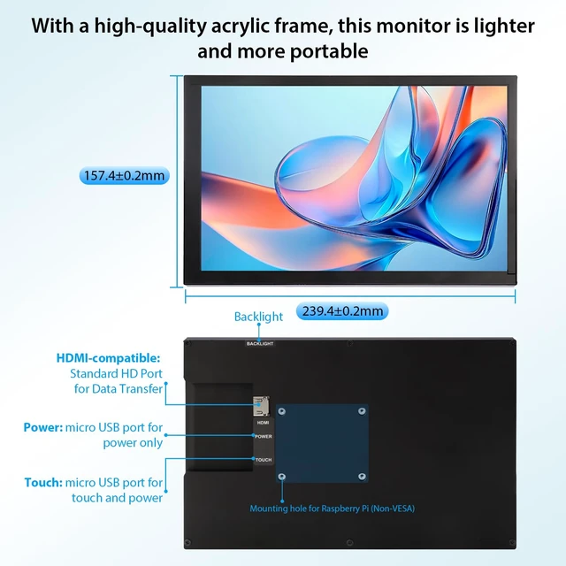 Alt view image 6 of 7 - 10.1 Inch Touchscreen Monitor, 1280x800 IPS LCD HD Display with Stand, Portable Capacitive Touch Screen for Raspberry Pi 3/3B+/4B/5, Jetson Nano, Banana Pi, PC, Windows, Beaglebone