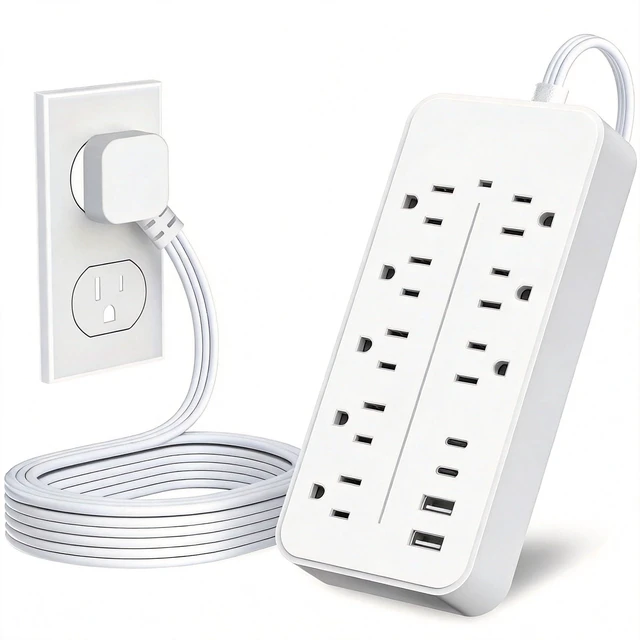 Main image of Flat Extension Cord Surge Protector Power Strip with 8 Outlets 4 USB, Flat Plug Extension Cord with Multiple Outlets, 3 Prong Outlet Extender for Indoor, Office Supplies, Dorm Room Essentials, White