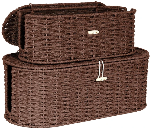 Main image of Set of 2 Cable Management Box, Handwoven Cord Hider Box with 3 Open Slots Cable Organizer Box with Lockable Lid, Cord Storage Box to Hide Power Strip, Router, USB Hub, TV Wires for Home, Office