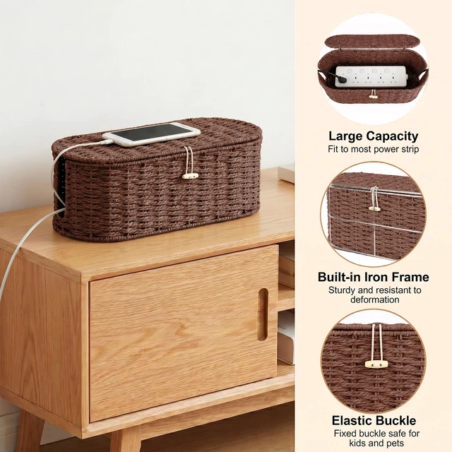 Alt view image 3 of 7 - Set of 2 Cable Management Box, Handwoven Cord Hider Box with 3 Open Slots Cable Organizer Box with Lockable Lid, Cord Storage Box to Hide Power Strip, Router, USB Hub, TV Wires for Home, Office