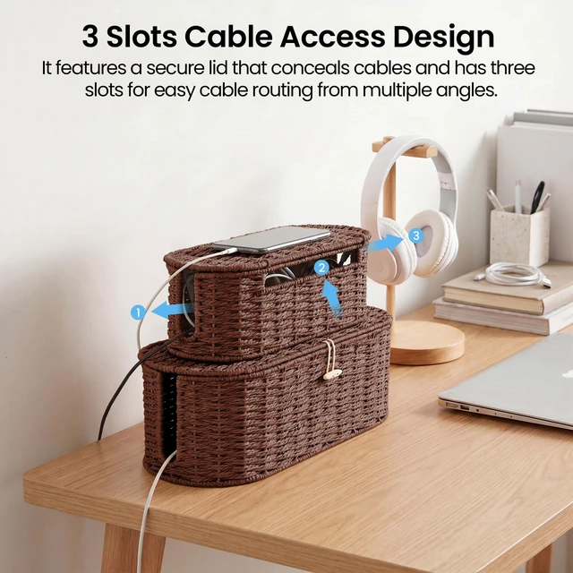 Alt view image 6 of 7 - Set of 2 Cable Management Box, Handwoven Cord Hider Box with 3 Open Slots Cable Organizer Box with Lockable Lid, Cord Storage Box to Hide Power Strip, Router, USB Hub, TV Wires for Home, Office