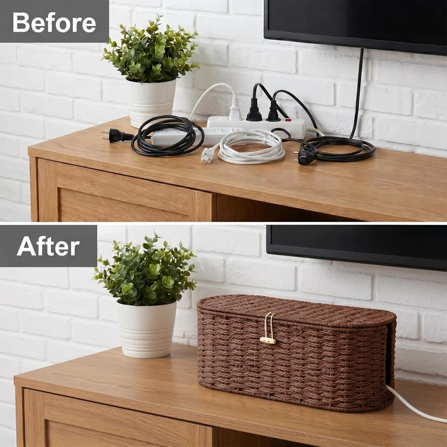 Alt view image 5 of 7 - Set of 2 Cable Management Box, Handwoven Cord Hider Box with 3 Open Slots Cable Organizer Box with Lockable Lid, Cord Storage Box to Hide Power Strip, Router, USB Hub, TV Wires for Home, Office