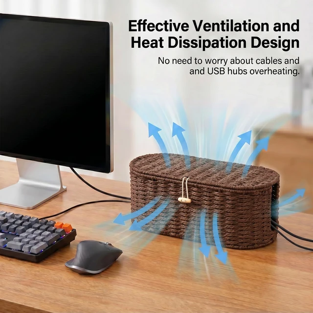 Alt view image 4 of 7 - Set of 2 Cable Management Box, Handwoven Cord Hider Box with 3 Open Slots Cable Organizer Box with Lockable Lid, Cord Storage Box to Hide Power Strip, Router, USB Hub, TV Wires for Home, Office