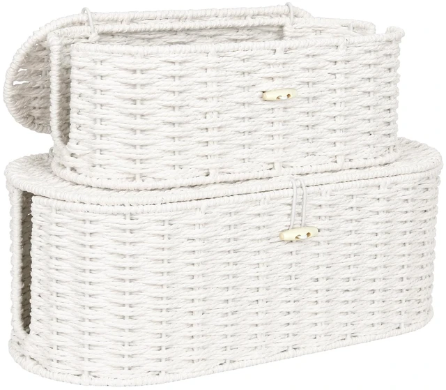 Main image of Set of 2 Cable Management Box, Handwoven Cord Hider Box with 3 Open Slots Cable Organizer Box with Lockable Lid, Cord Storage Box to Hide Power Strip, Router, USB Hub, TV Wires for Home, Office