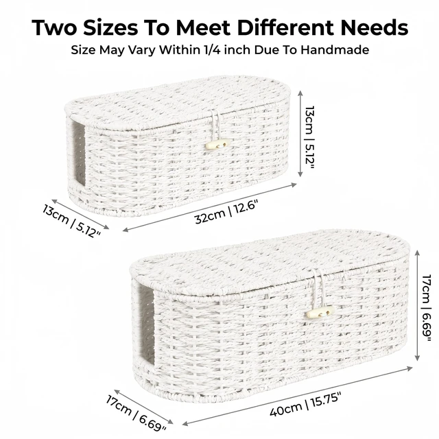 Alt view image 2 of 7 - Set of 2 Cable Management Box, Handwoven Cord Hider Box with 3 Open Slots Cable Organizer Box with Lockable Lid, Cord Storage Box to Hide Power Strip, Router, USB Hub, TV Wires for Home, Office