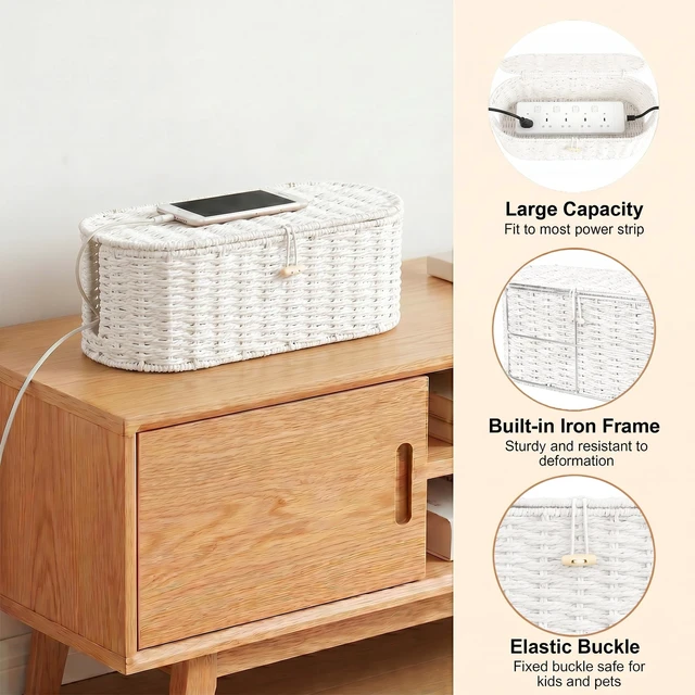 Alt view image 3 of 7 - Set of 2 Cable Management Box, Handwoven Cord Hider Box with 3 Open Slots Cable Organizer Box with Lockable Lid, Cord Storage Box to Hide Power Strip, Router, USB Hub, TV Wires for Home, Office