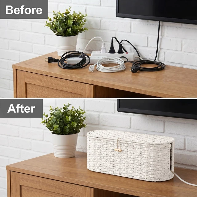 Alt view image 5 of 7 - Set of 2 Cable Management Box, Handwoven Cord Hider Box with 3 Open Slots Cable Organizer Box with Lockable Lid, Cord Storage Box to Hide Power Strip, Router, USB Hub, TV Wires for Home, Office