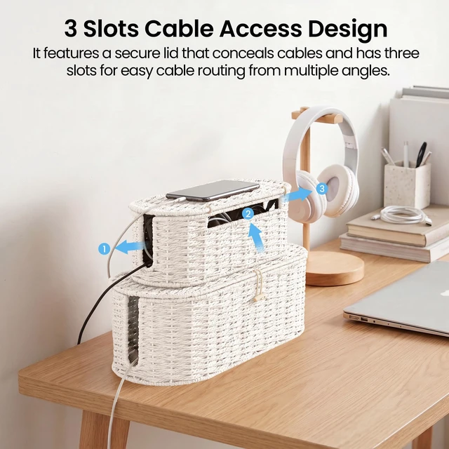 Alt view image 6 of 7 - Set of 2 Cable Management Box, Handwoven Cord Hider Box with 3 Open Slots Cable Organizer Box with Lockable Lid, Cord Storage Box to Hide Power Strip, Router, USB Hub, TV Wires for Home, Office