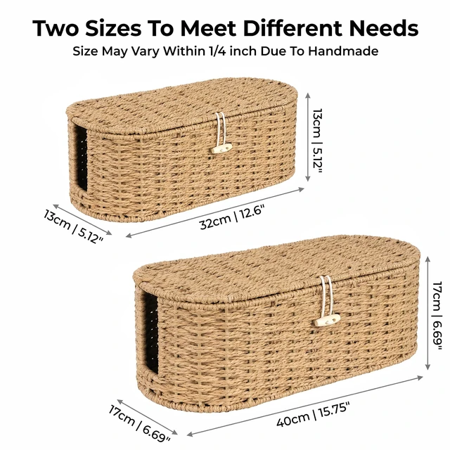 Alt view image 2 of 7 - Set of 2 Cable Management Box, Handwoven Cord Hider Box with 3 Open Slots Cable Organizer Box with Lockable Lid, Cord Storage Box to Hide Power Strip, Router, USB Hub, TV Wires for Home, Office