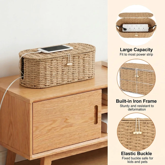 Alt view image 3 of 7 - Set of 2 Cable Management Box, Handwoven Cord Hider Box with 3 Open Slots Cable Organizer Box with Lockable Lid, Cord Storage Box to Hide Power Strip, Router, USB Hub, TV Wires for Home, Office