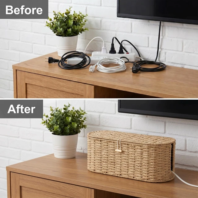 Alt view image 5 of 7 - Set of 2 Cable Management Box, Handwoven Cord Hider Box with 3 Open Slots Cable Organizer Box with Lockable Lid, Cord Storage Box to Hide Power Strip, Router, USB Hub, TV Wires for Home, Office
