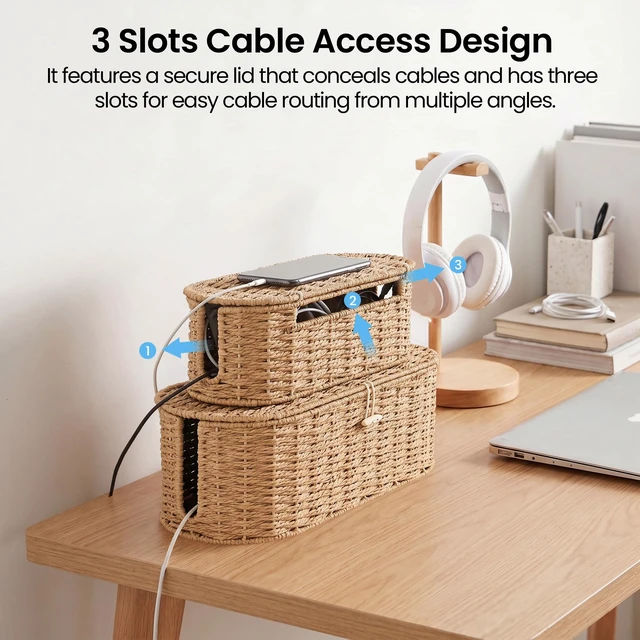 Alt view image 6 of 7 - Set of 2 Cable Management Box, Handwoven Cord Hider Box with 3 Open Slots Cable Organizer Box with Lockable Lid, Cord Storage Box to Hide Power Strip, Router, USB Hub, TV Wires for Home, Office