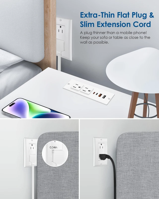 Alt view image 4 of 7 - 30W USB C Recessed Power Strip,Flat Plug Power Strip,2 Outlets 4 USB Ports,Furniture Flush Mount Desk Outlet,Recessed Outlet for Side Table/Sofa Table,10ft Cord White