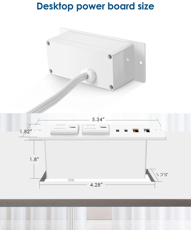 Alt view image 5 of 7 - 30W USB C Recessed Power Strip,Flat Plug Power Strip,2 Outlets 4 USB Ports,Furniture Flush Mount Desk Outlet,Recessed Outlet for Side Table/Sofa Table,10ft Cord White