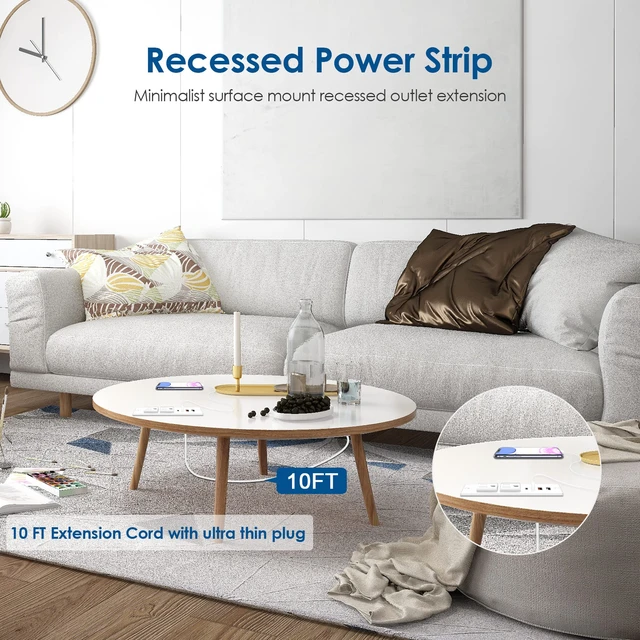 Alt view image 6 of 7 - 30W USB C Recessed Power Strip,Flat Plug Power Strip,2 Outlets 4 USB Ports,Furniture Flush Mount Desk Outlet,Recessed Outlet for Side Table/Sofa Table,10ft Cord White
