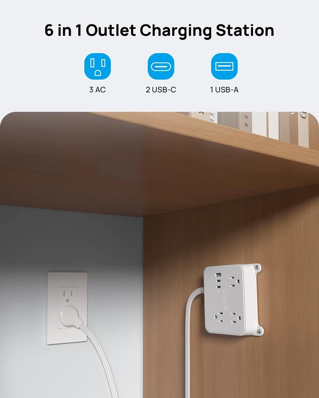 Alt view image 2 of 7 - 3FT Short Extension Cord, Ultra Thin Flat Plug Power Strip with USB 3 AC Widely Spaced Outlets, 2 USB C and 1 USB A, Wall Mount Power Cord for Furniture, Screw on Wall Outlet behind TV, Cabinet