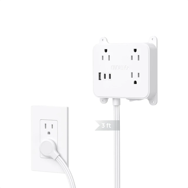 Main image of 3FT Short Extension Cord, Ultra Thin Flat Plug Power Strip with USB 3 AC Widely Spaced Outlets, 2 USB C and 1 USB A, Wall Mount Power Cord for Furniture, Screw on Wall Outlet behind TV, Cabinet