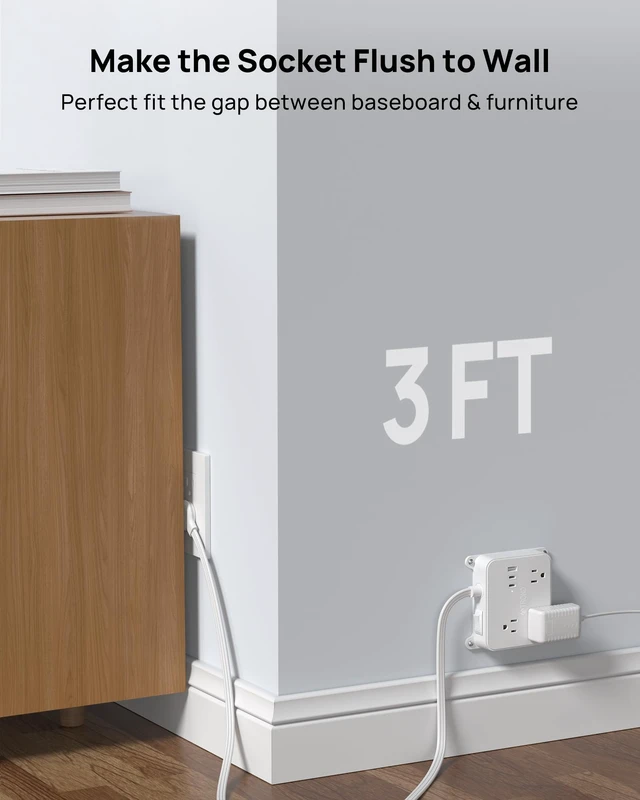 Alt view image 3 of 7 - 3FT Short Extension Cord, Ultra Thin Flat Plug Power Strip with USB 3 AC Widely Spaced Outlets, 2 USB C and 1 USB A, Wall Mount Power Cord for Furniture, Screw on Wall Outlet behind TV, Cabinet
