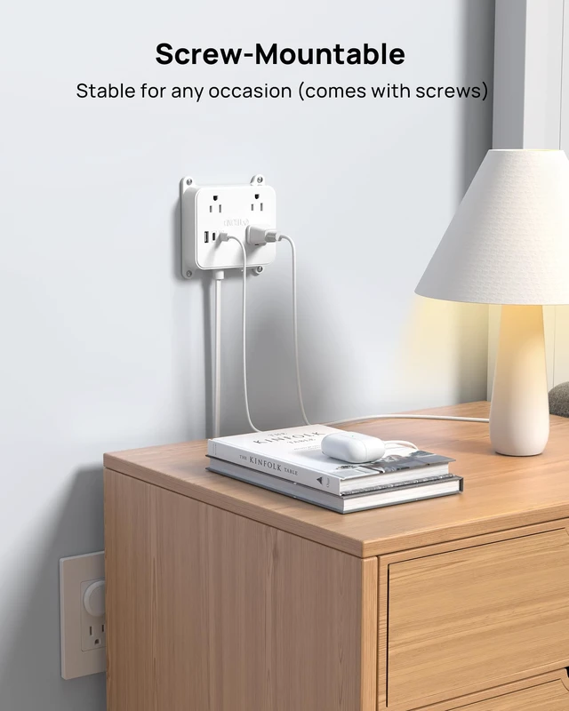 Alt view image 5 of 7 - 3FT Short Extension Cord, Ultra Thin Flat Plug Power Strip with USB 3 AC Widely Spaced Outlets, 2 USB C and 1 USB A, Wall Mount Power Cord for Furniture, Screw on Wall Outlet behind TV, Cabinet
