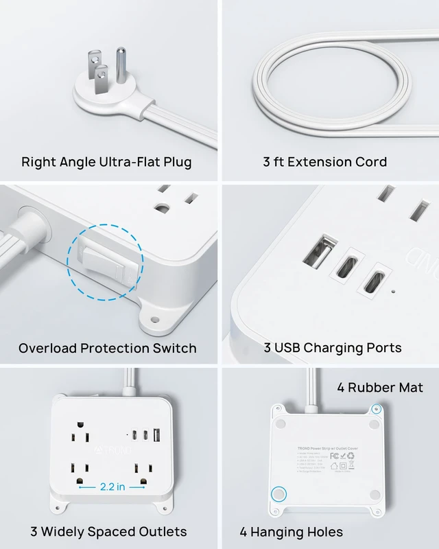 Alt view image 6 of 7 - 3FT Short Extension Cord, Ultra Thin Flat Plug Power Strip with USB 3 AC Widely Spaced Outlets, 2 USB C and 1 USB A, Wall Mount Power Cord for Furniture, Screw on Wall Outlet behind TV, Cabinet