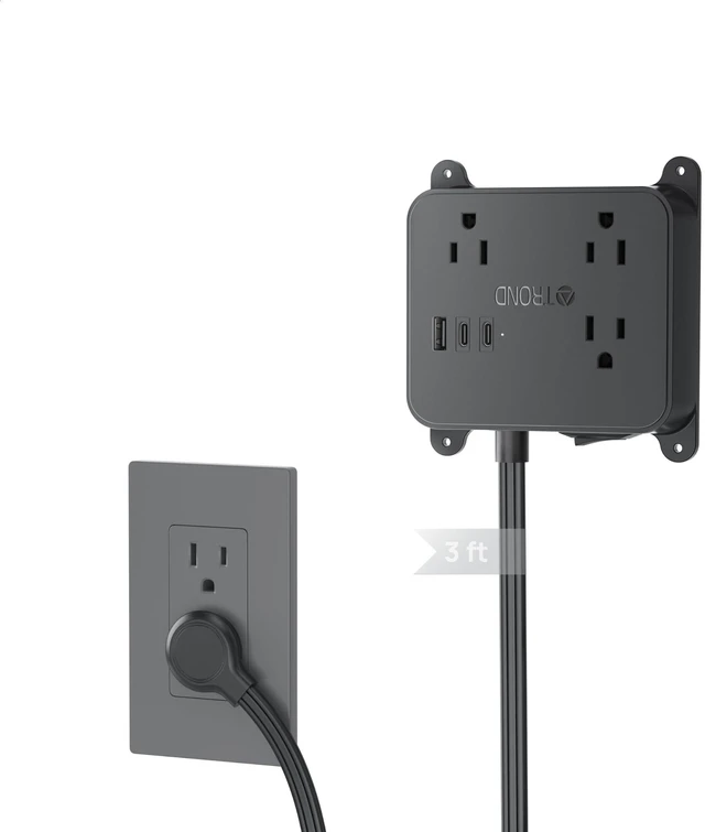 Main image of Flat Plug Power Strip, 3FT Short Extension Cord with 3 AC Outlets Wall Mount Charging Station with 2 USB-C & 1 USB-A, In Cabinet Power Outlet, Attach behind TV or under Desk Vanity Counter