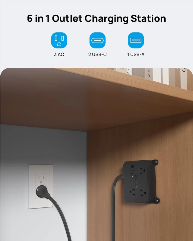Alt view image 2 of 6 - Flat Plug Power Strip, 3FT Short Extension Cord with 3 AC Outlets Wall Mount Charging Station with 2 USB-C & 1 USB-A, In Cabinet Power Outlet, Attach behind TV or under Desk Vanity Counter