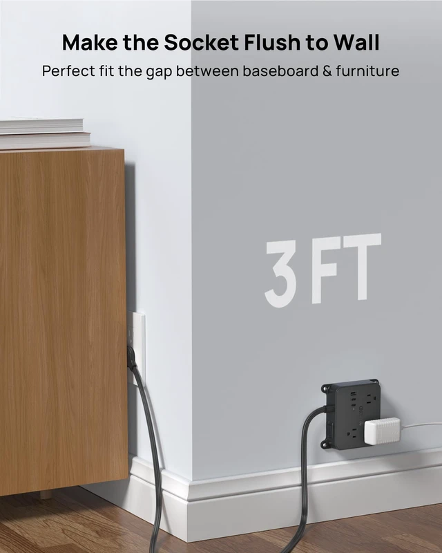 Alt view image 3 of 6 - Flat Plug Power Strip, 3FT Short Extension Cord with 3 AC Outlets Wall Mount Charging Station with 2 USB-C & 1 USB-A, In Cabinet Power Outlet, Attach behind TV or under Desk Vanity Counter
