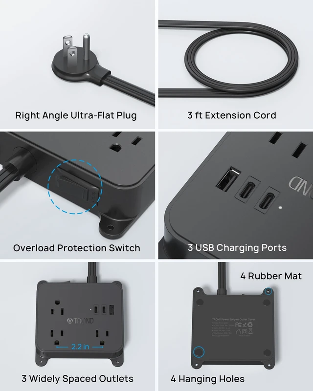Alt view image 6 of 6 - Flat Plug Power Strip, 3FT Short Extension Cord with 3 AC Outlets Wall Mount Charging Station with 2 USB-C & 1 USB-A, In Cabinet Power Outlet, Attach behind TV or under Desk Vanity Counter