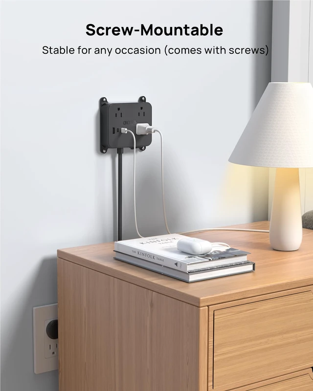 Alt view image 5 of 6 - Flat Plug Power Strip, 3FT Short Extension Cord with 3 AC Outlets Wall Mount Charging Station with 2 USB-C & 1 USB-A, In Cabinet Power Outlet, Attach behind TV or under Desk Vanity Counter