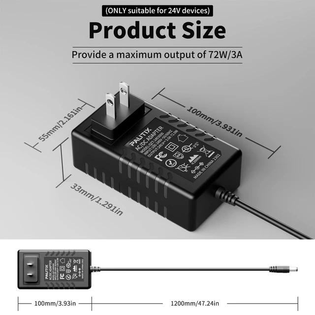 Alt view image 2 of 5 - 24V DC Power Supply Adapter 24Volt 3A 72W AC to DC Converter Transformer 100-240V AC Input with 5.5 x 2.1mm US Plug for LED Strip, CCTV Camera