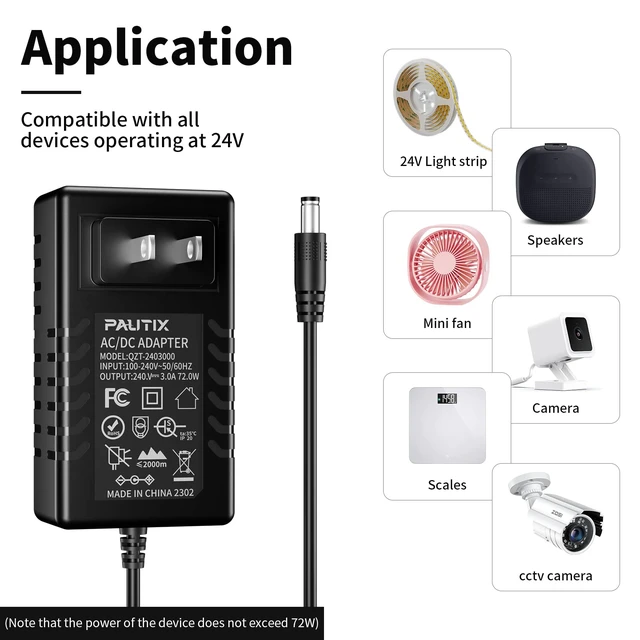 Alt view image 5 of 5 - 24V DC Power Supply Adapter 24Volt 3A 72W AC to DC Converter Transformer 100-240V AC Input with 5.5 x 2.1mm US Plug for LED Strip, CCTV Camera