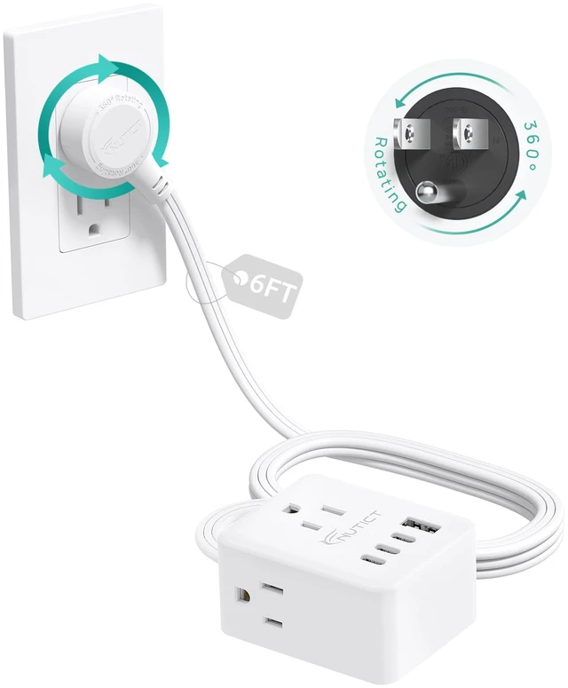 Main image of 360° Rotating Flat Plug Power Strip with 3AC Outlets and 4 USB Ports 6FT Extension Cord, Wall Mountable, Compact Outlet Extender for Home Office Dorm Room, Cruise Travel Essentials, White